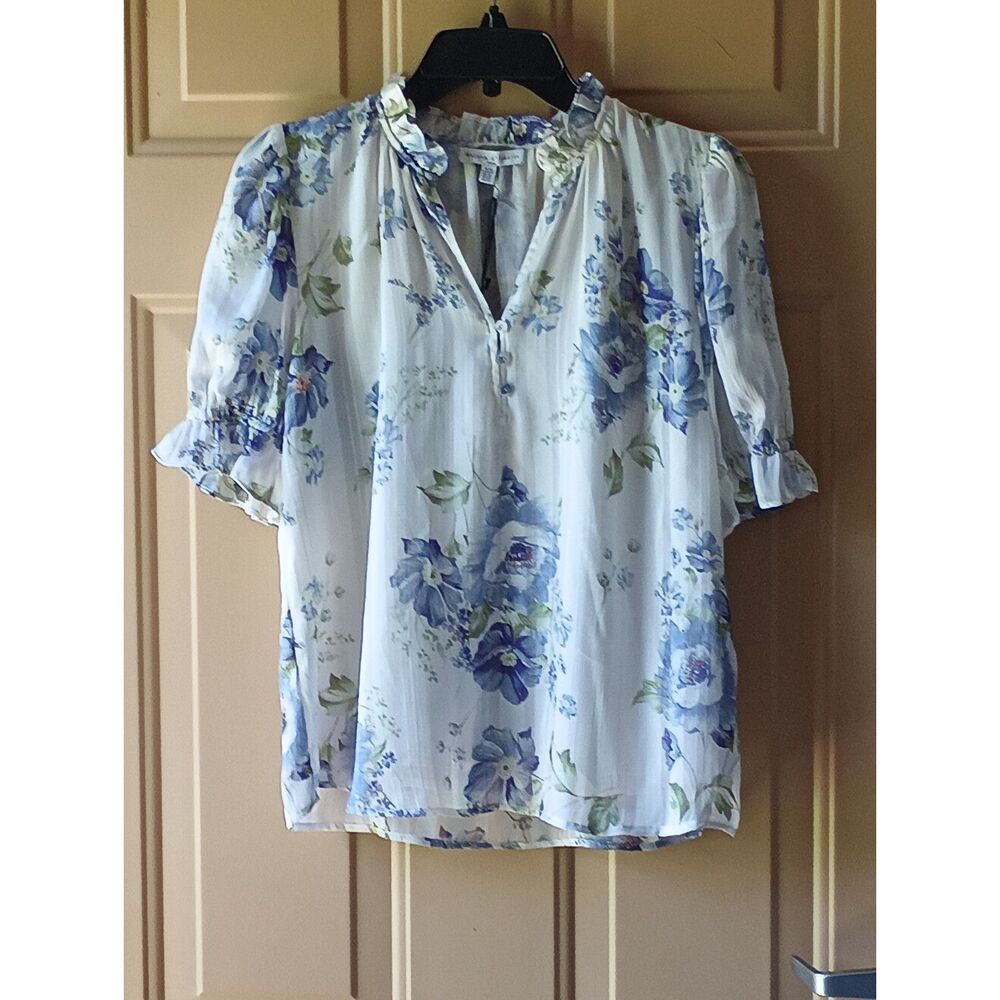 Maison d'Amélie Blue & Off-White Floral Sheer Ruffled Blouse with Cami NWT XS